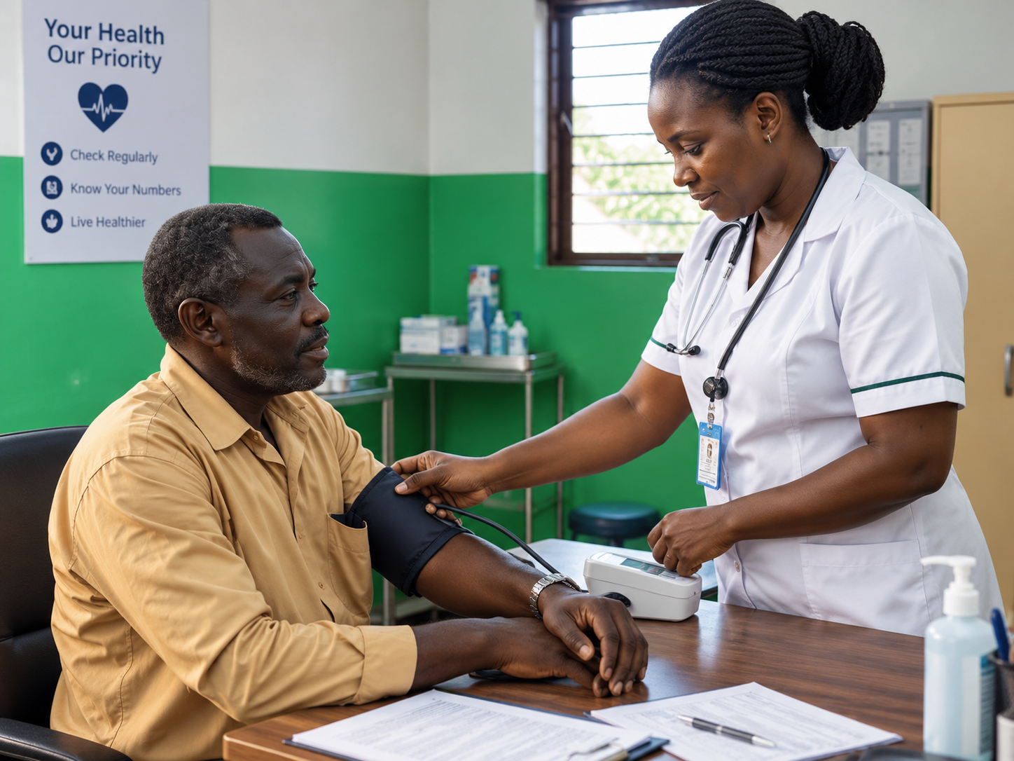 A nurse measuring the blood pressure of a middle-aged man at a community outreach table