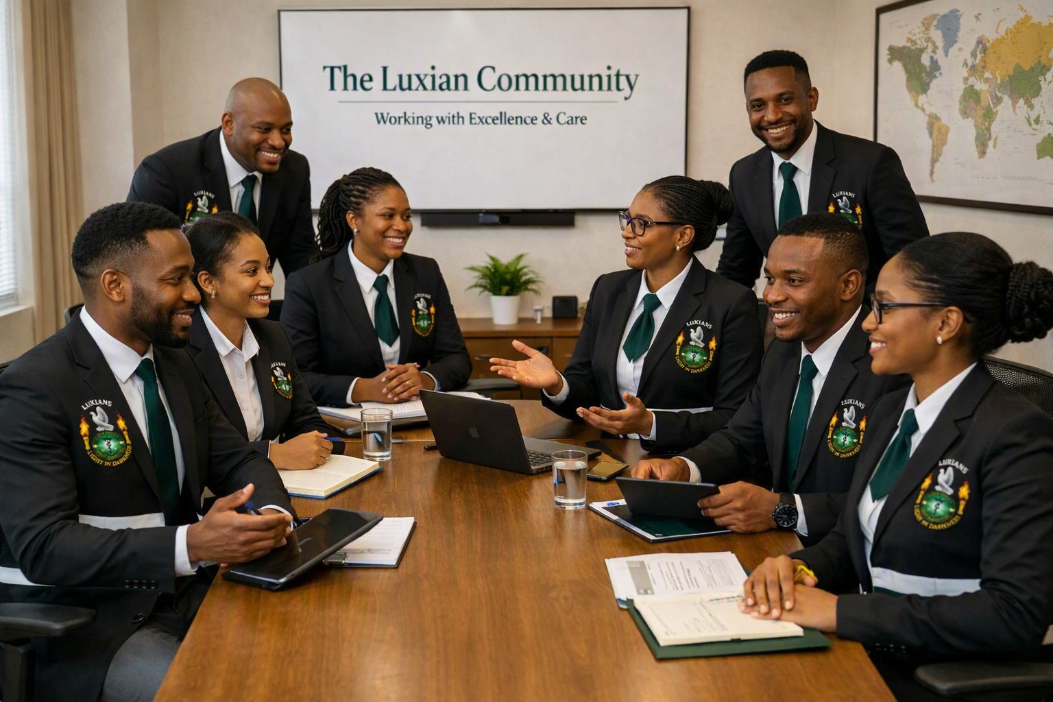 Group of Dr Chuwanga Clinic professionals in discussion around a conference table, with a world map and The Luxian Community banner behind them
