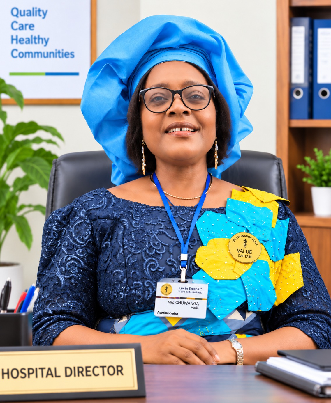 A warm portrait of the Director of Dr Chuwanga Clinic in traditional attire