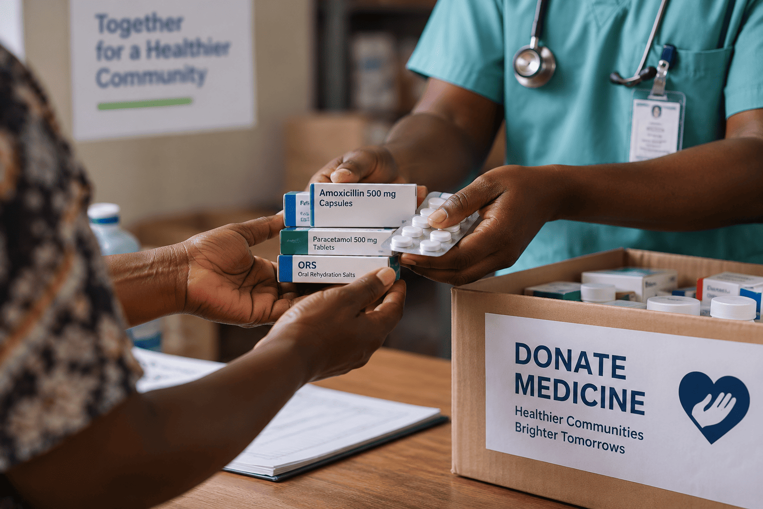 Nurse placing a packet of medicine into a patient's hands