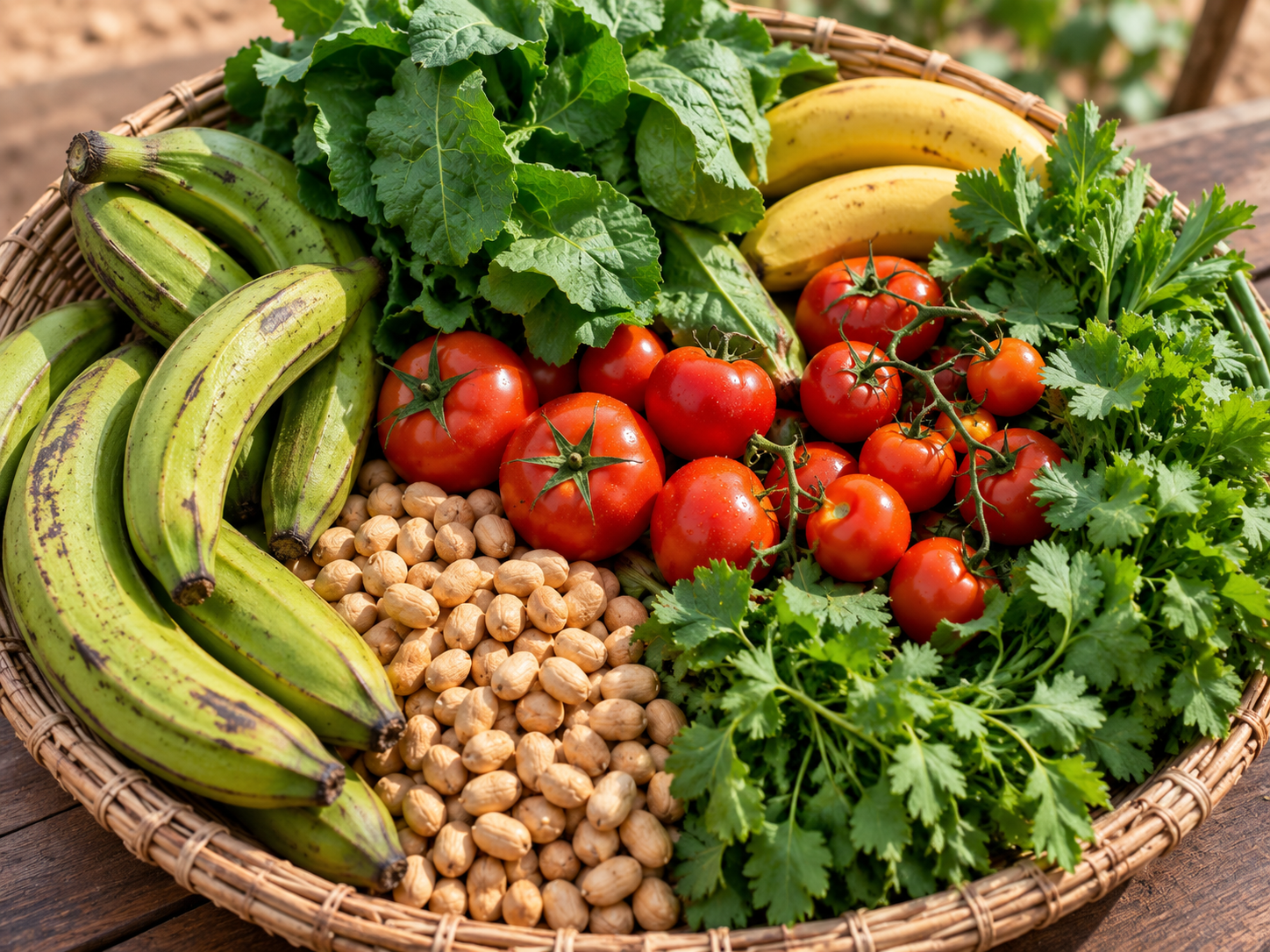 Fresh local produce including plantains, tomatoes, leafy greens and groundnuts on a woven mat