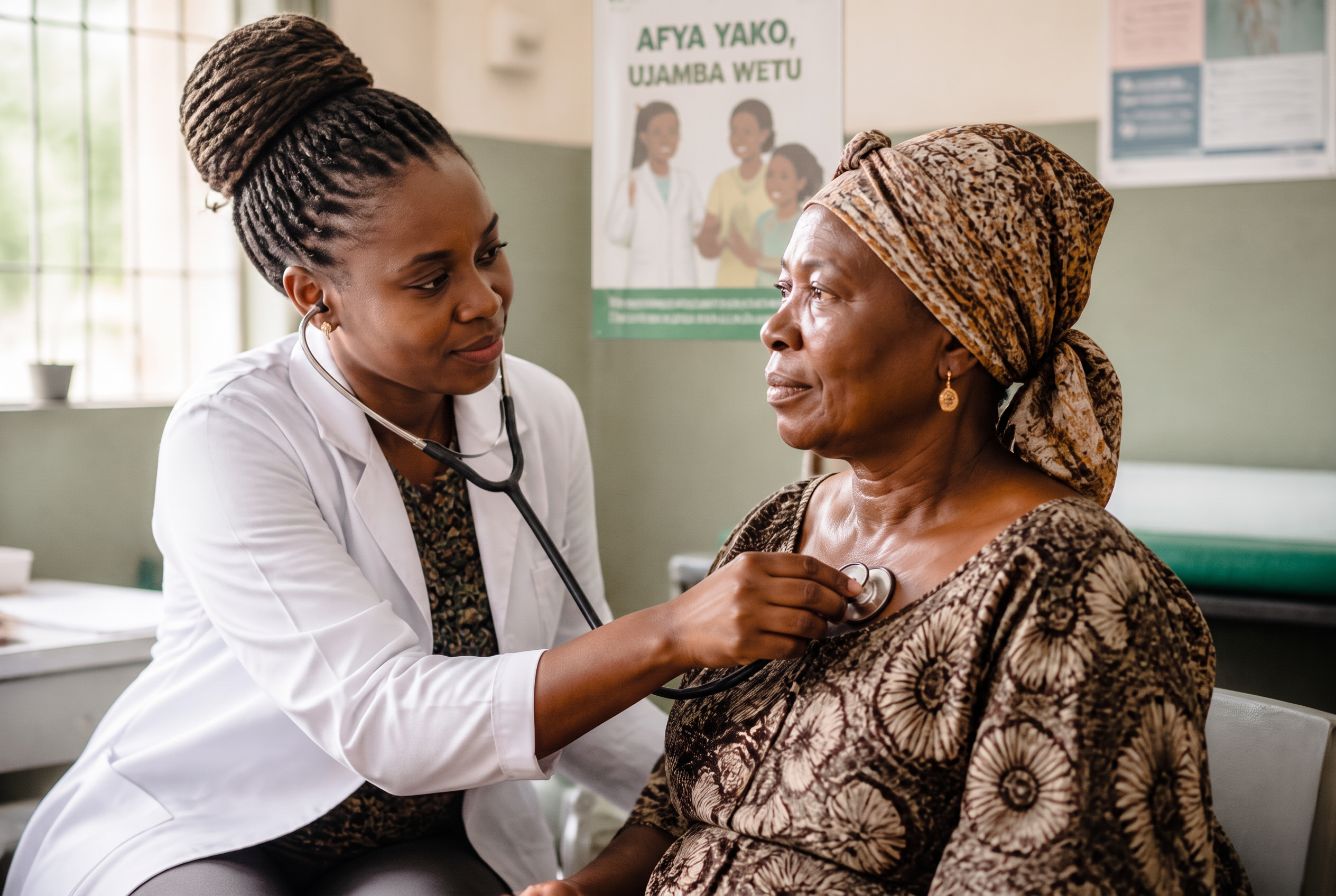 A doctor at Dr Chuwanga Clinic listening carefully to an older woman patient during a consultation