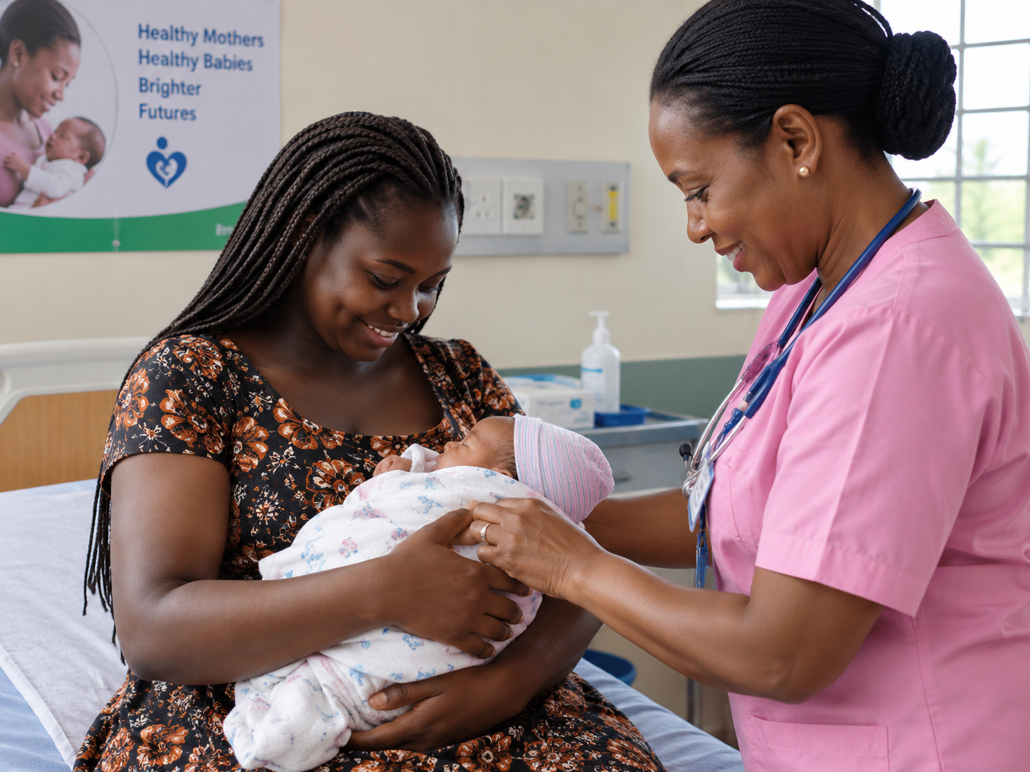 A young mother holding her newborn baby during a check-up with a midwife at the clinic