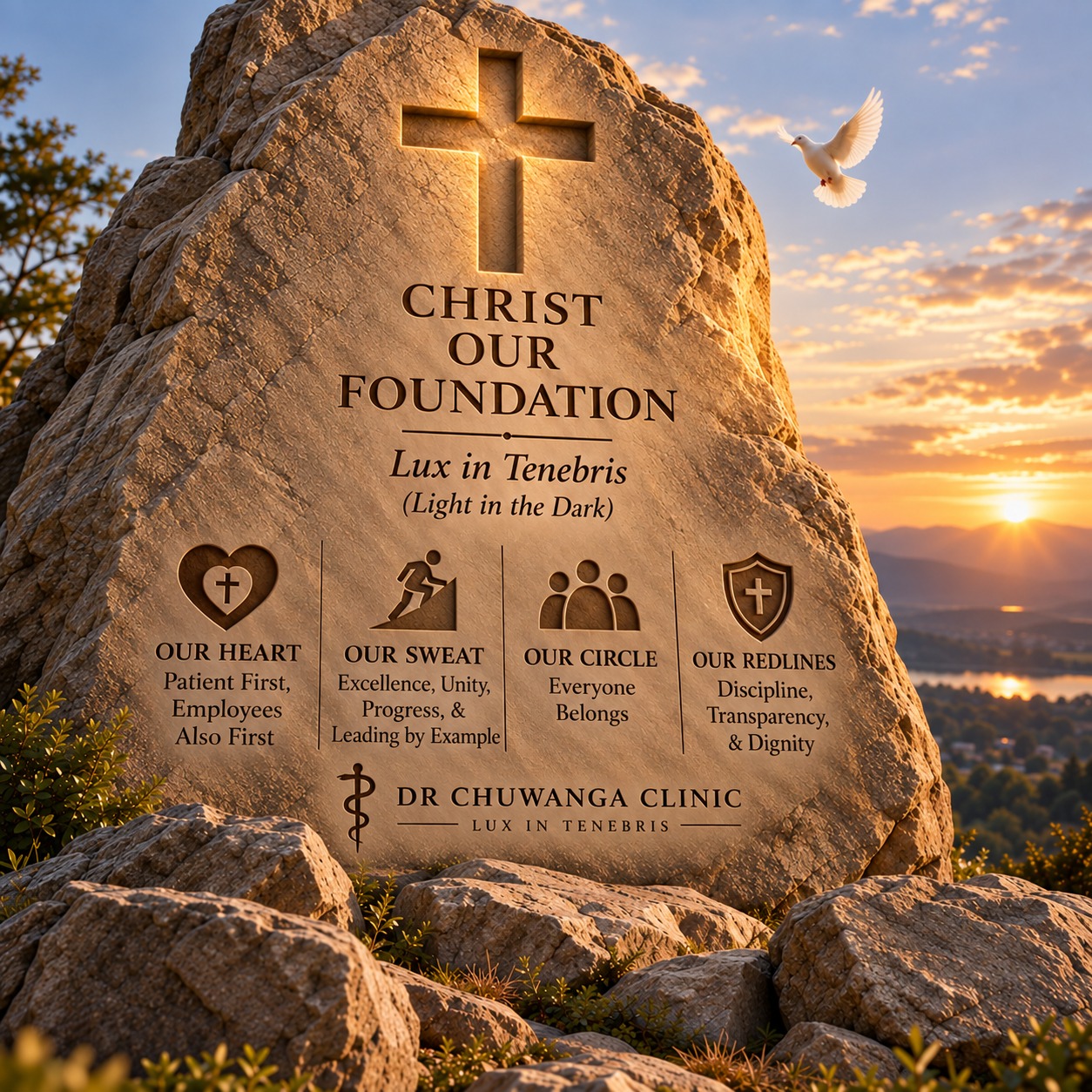 Carved stone monument reading Christ Our Foundation — Lux in Tenebris, with the clinic's values: Our Heart, Our Sweat, Our Circle and Our Redlines