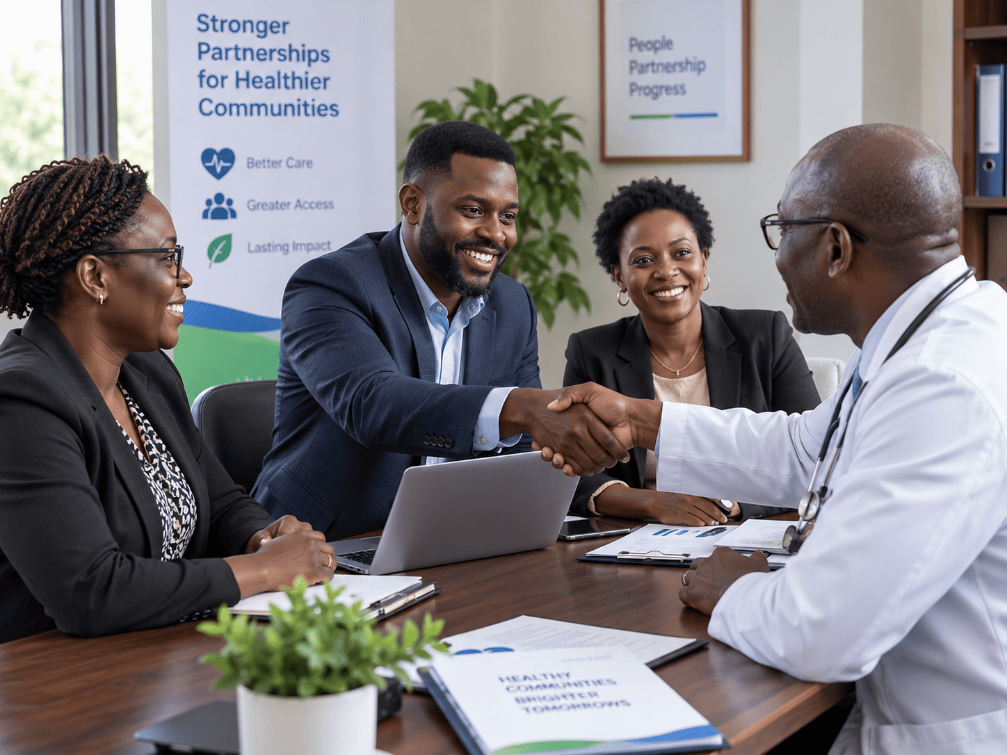 Clinic doctor shaking hands with a company team at a partnership meeting