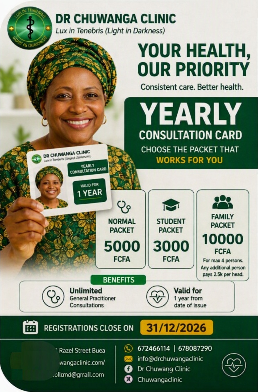 Dr Chuwanga Clinic Yearly Consultation Card flyer showing Normal, Student and Family packets